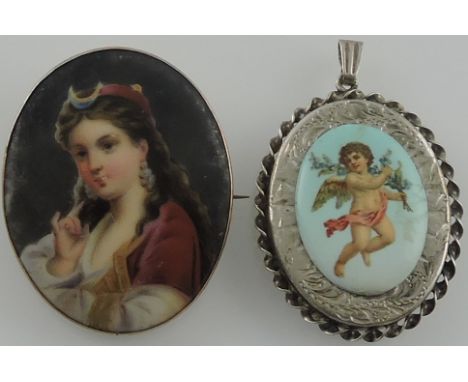 An early 20th Century 9 carat mounted oval porcelain brooch decorated with a portrait of a lady together with an oval enamell