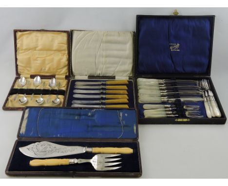 A pair of cased Victorian silver plated ivory handle fish servers together with a set of 16 Victorian silver plated mother of