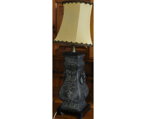 A Chinese bronze square gu shaped vase, with cast ring handles and low relief decoration, now converted as a lamp, H. 40cm