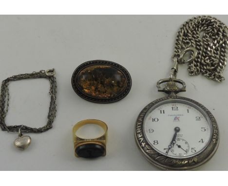 A yellow metal bloodstone intaglio seal ring together with a silver heart shape pendant, a white metal amber colour brooch an