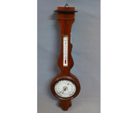 An early 20th century Continental banjo barometer, boxwood inlaid, having thermometer, H.94cm (a/f) 
