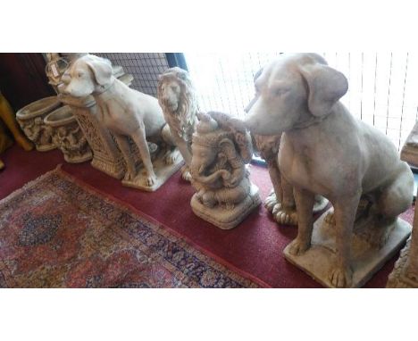 Two reconstituted stone hunting dogs, seated on rectangular bases, H.74cm 