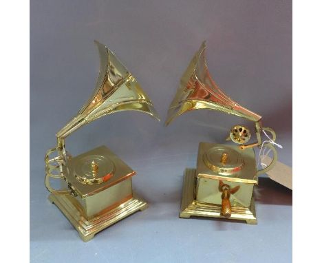 A pair of brass desk top models, in the form of gramophones 