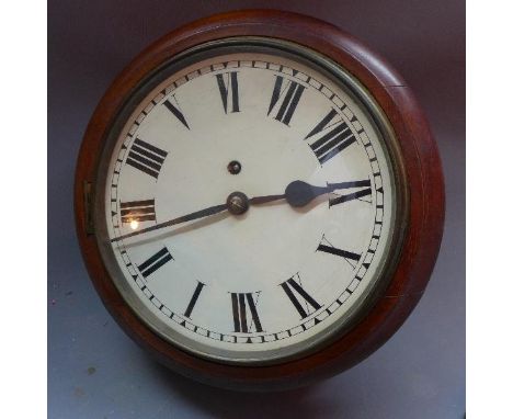 An early 20th century mahogany wall clock, fusee movement, white enamel dial with Roman numerals and outer minute track. dial