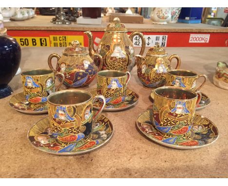 A SAMURAI CHINA HANDPAINTED TEA SET TO INCLUDE TEA POT, MILK JUG, SUGAR BOWL AND FIVE CUPS AND SAUCERS 