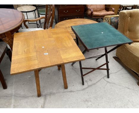A SQUARE TABLE, 26.5", WITH WOOD BLOCK TOP AND FOLDING CARD TABLE 