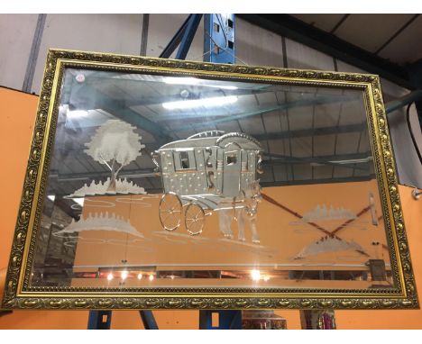 A GILT FRAMED BEVELED EDGE ROMANY GYPSY CARAVAN MIRROR 84CM X 58CM 