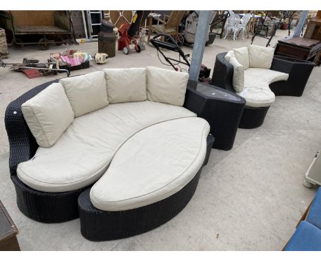 TWO RATTAN EFFECT PATIO SETTEES AND A POUFFE 