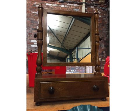 A VINTAGE SOLID OAK DRESSING TABLE SWING MIRROR ENCLOSING SINGLE DRAWER 