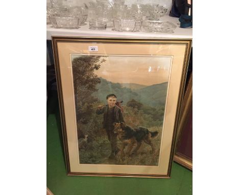 A GILT FRAMED PRINT OF A YOUNG BOY WITH HIS DOG 