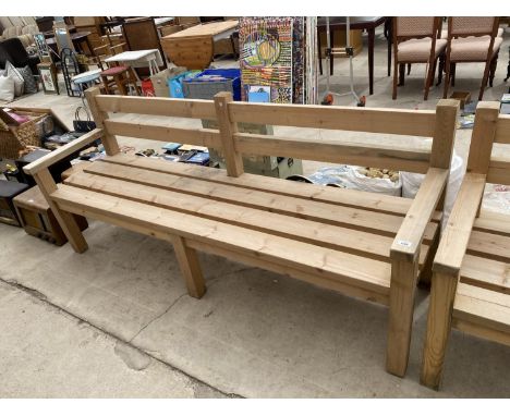 A MODERN HEAVY DUTY WOODEN SLATTED GARDEN BENCH 