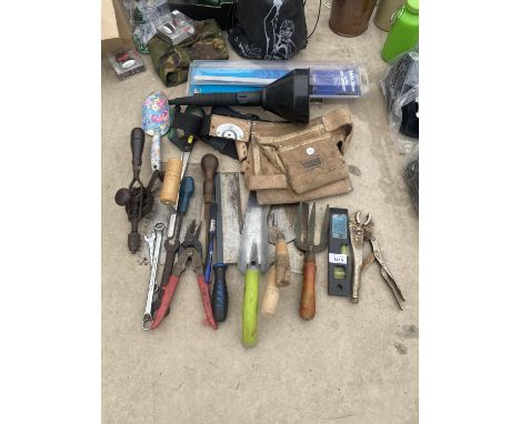 AN ASSORTMENT OF HAND TOOLS TO INCLUDE A DRILL BRACE, MOLE GRIPS AND TROWELS ETC 