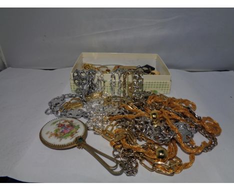 A BOX OF COSTUME JEWELLERY AND A SMALL ENAMEL MIRROR 