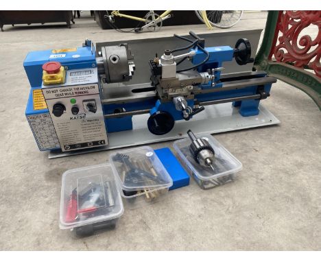A KATSU 165013 14" MINI LATHE WITH DIGITAL READ DISPLAY 100MM CHUCK AN ASSORTMENT OF TOOLS 