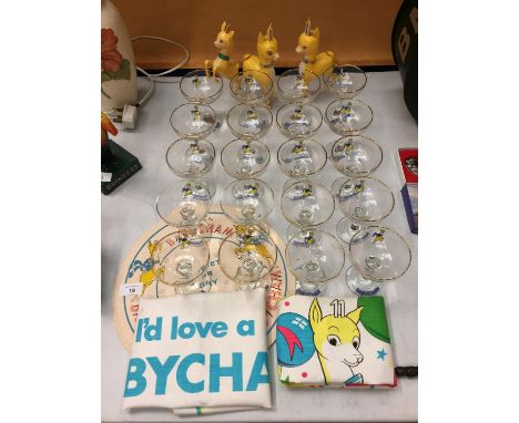 VINTAGE BABYCHAM COLLECTABLES TO INCLUDE TWENTY COUPE GLASSES, TWO TEA TOWELS, TWO LARGE DRIP MATS AND THREE DEER ORNAMENTS 