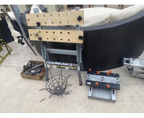 A FOLDABLE WORKBENCH, A HANGING BASKET AND FURTHER HAND TOOLS 