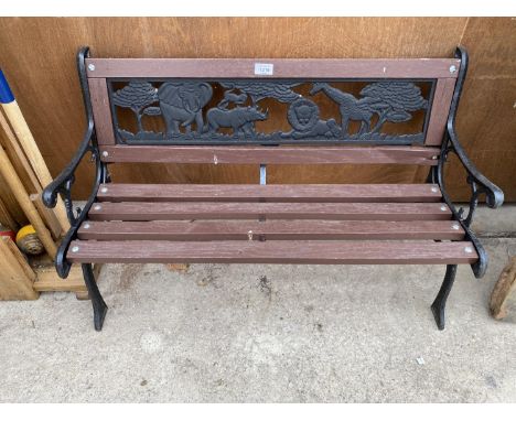 A CHILDREN'S SLATTED GARDEN BENCH WITH CAST BENCH ENDS AND CAST SAFARI THEMED BACK 