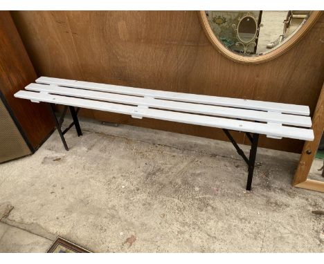 A WOODEN SLATTED AND METAL BASE FOLDING GYM BENCH 