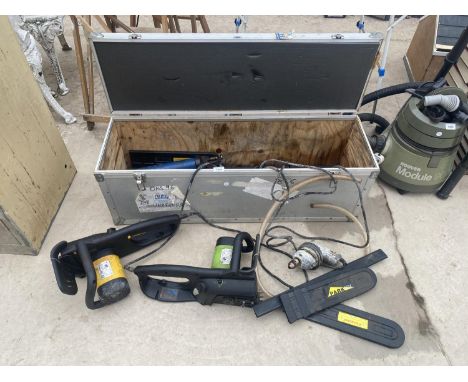 A STORAGE CHEST WITH AN ASSORTMENT OF CHAINSAW PARTS AND SPARES ETC 