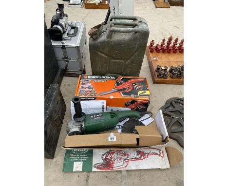 AN ELECTRIC STAYER ANGLE GRINDER, A BLACK AND DECKER POWERFILE AND A JERRY CAN 