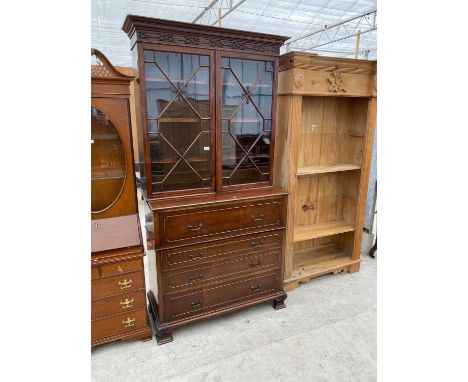 A MAHOGANY CHIPPENDALE STYLE SECRETAIRE BOOKCASE WITH ASTRAGAL GLAZED DOORS AND FOUR DRAWERS TO THE BASE, 44" WIDE 