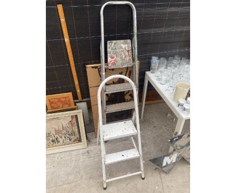 A THREE RUNG STEP LADDER, A FURTHER STEP LADDER AND A PASTING TABLE 