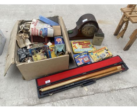 AN ASSORTMENT OF ITEMS TO INCLUDE A SNOOKER CUE, VINTAGE JIGSAWS AND A MANTLE CLOCK ETC 