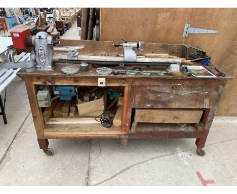 A MYFORD ML8 WOODTURNING LATHE WITH LARGE MOTOR, A LARGE ASSORTMENT OF WOOD TURNING CHISELS AND TOOLS AND TO ALSO INCLUDE THE