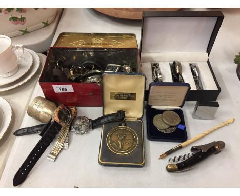 TWO BOXES OF VARIOUS WATCHES, A GOLF MEDAL AND A 4TH ANNIVERSARY COIN OF THE BATTLE OF EL ALAMEIN 