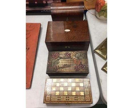 A COLLECTION OF FOUR BOXES TO INCLUDE A TWO COMPARTMENT BOX, A VINTAGE SEWING BOX WITH CONTENTS, A TIN EXAMPLE AND A DECORATI