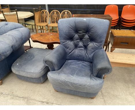 A BLUE LEATHER BUTTON BACK EASY CHAIR AND STOOL 