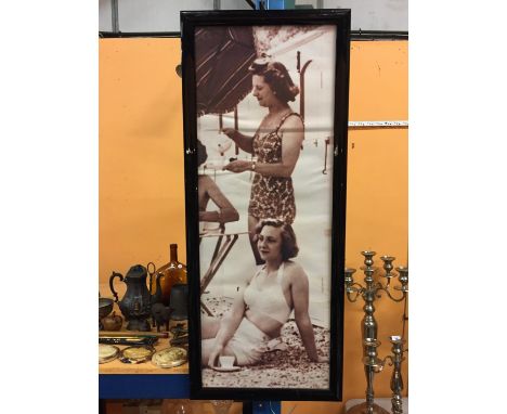 A LARGE BLACK FRAMED 1940'S STYLE PRINT OF LADIES HAVING TEA 114CM X 47CM 