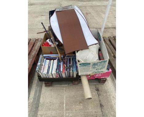 AN ASSORTMENT OF HOUSEHOLD CLEARANCE ITEMS TO INCLUDE BOOKS, BAROMETER AND WALKING STICKS ETC 