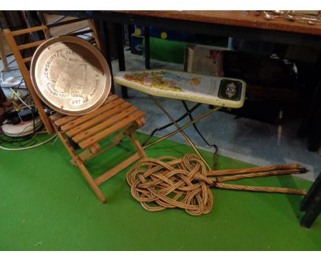 A SELECTION OF ITEMS TO INCLUDE THREE CARPET BEATERS, A JEWSBURY AND BROWN DRINKS TRAY AND A CHAD VALLEY CHILDRENS IRONING BO