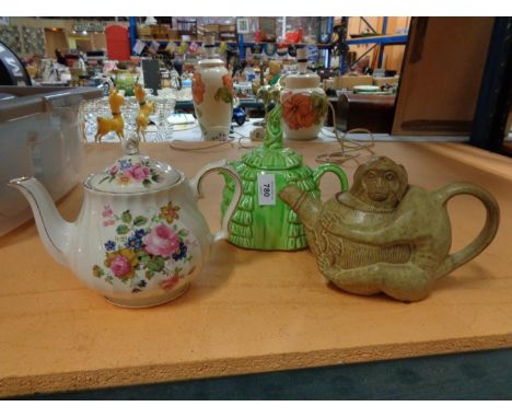 THREE TEAPOTS TO INCLUDE A STONEWARE MONKEY TEAPOT 