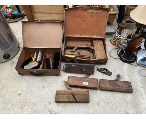 THREE VINTAGE CASES TO INCLUDE VINTAGE WOOD PLANES AND SHOE POLISHING BRUSHES 