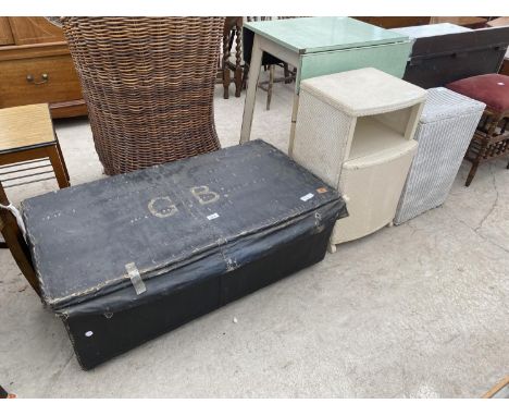 A WICKER TRAVELLING TRUNK COVERED IN CANVAS, A LLOYD LOOM LINEN BASKET AND SIMILAR LOCKER 