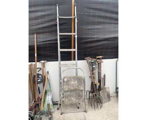 AN ALUMINIUM THREE WAY COMBINATION LADDER AND A TWO RUNG STEP LADDER 