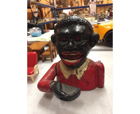 A VINTAGE CAST 'LITTLE JOE' MECHANICAL MONEY BANK BOX 