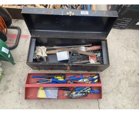 A METAL TOOL BOX WITH AN ASSORTMENT OF HAND TOOLS TO INCLUDE SCREW DRIVERS AND A SET SQUARE ETC 