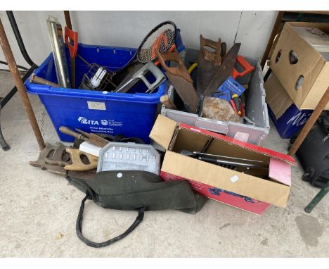AN ASSORTMENT OF TOOLS TO INCLUDE SAWS, TROWELS AND A MITRE SAW ETC 