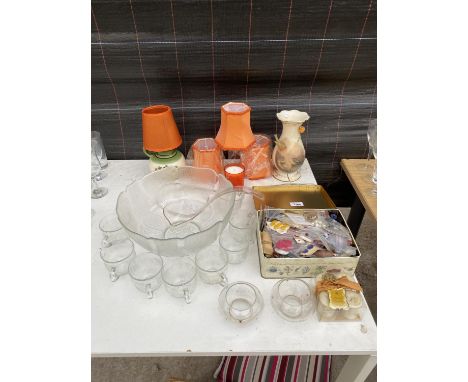 AN ASSORTMENT OF ITEMS TO INCLUDE LAMP SHADES, A PUNCH BOWL AND GLASSES ETC 