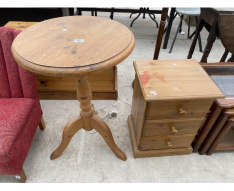 A MODERN PINE TRIPOD TABLE, 20" DIAMETER AND A SMALL THREE DRAWER BEDROOM CHEST 