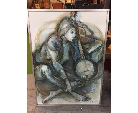 A LARGE FRAMED PRINT OF A GIRL WITH BANJO, 61CM X 83CM 