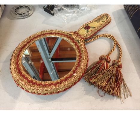 A VICTORIAN TAPESTRY HAND HELD MIRROR 