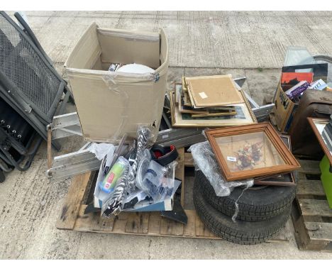 AN ASSORTMENT OF HOUSEHOLD CLEARANCE ITEMS TO INCLUDE DVDS, A LOFT LADDER AND A FIRE FRONT ETC 