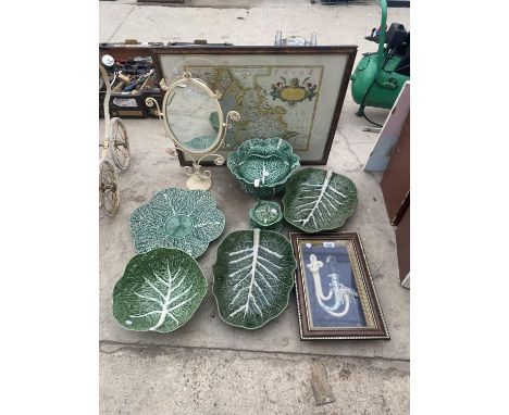 AN ASSORTMENT OF CABBAGE LEAF DESIGN CERAMICS, A MIRROR, A FRAMED PRINT AND A FRAMED DAGGER 