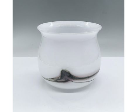 Opaque white glass vase adorned with a grey and rose swirled ring around the base. Issued: 20th centuryDimensions: 5"H x 5.25