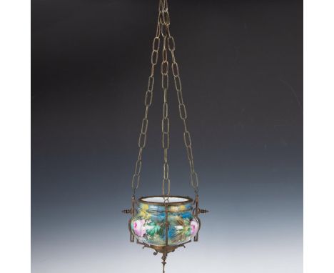 Beautiful hand painted enamel pot with floral design in pink, green, blue and white coloration. Planter is set in brass hangi