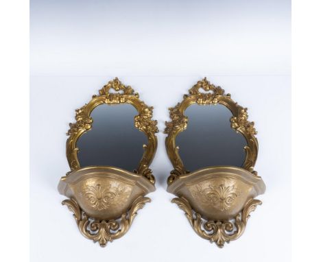 Florentine framed wall mirror and shelf, part of the Golden regency decor with elegant scrollwork and center mirror. 2327. Is